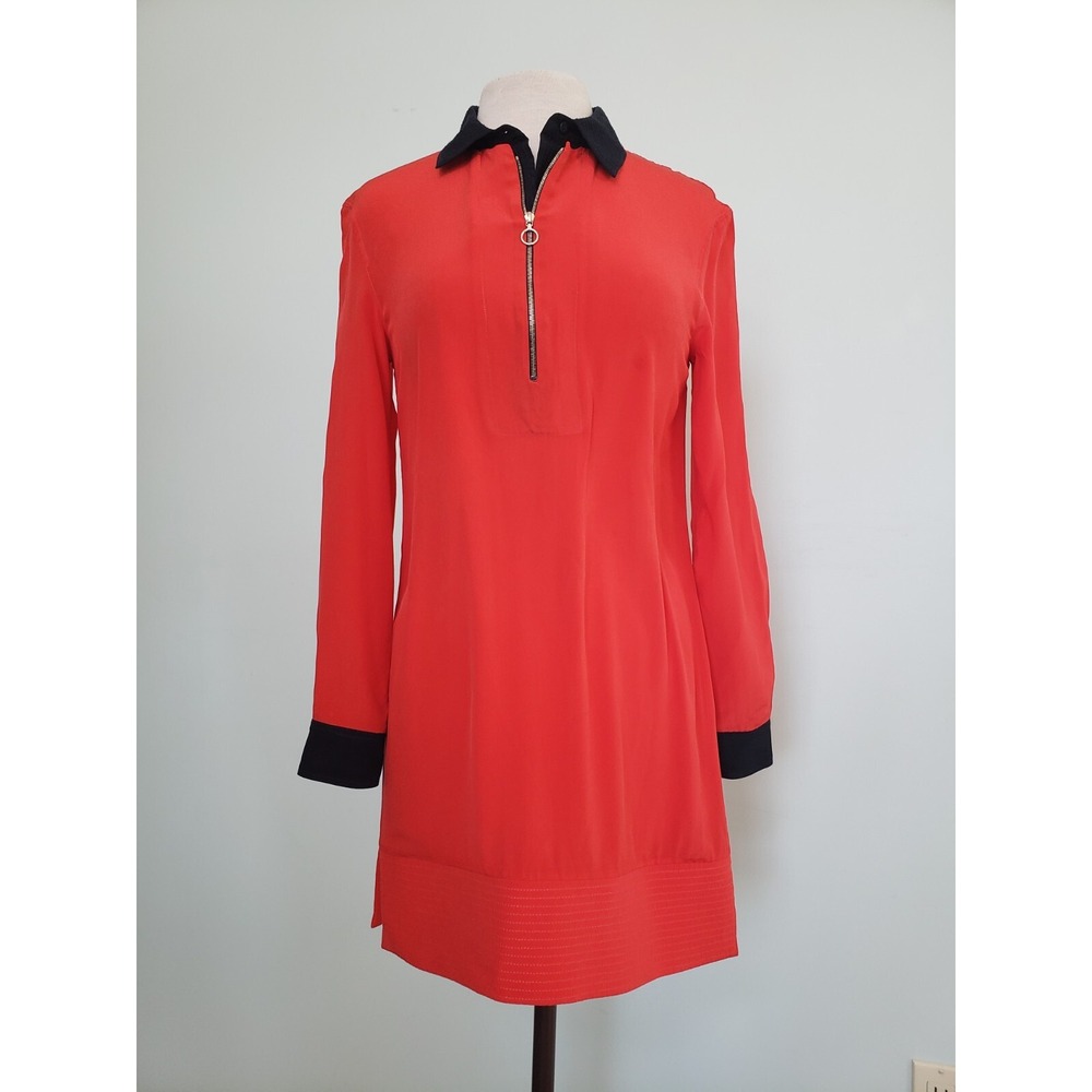 Victoria Victoria Beckham Red Shift‎ Mini Dress 100% Silk Zip Neck Black Collar